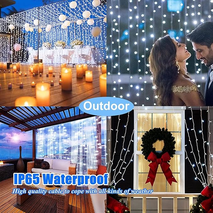 Upgraded Solar Curtain Lights Remote Control, Outdoor Garden Lights 300 LED 8 Modes Remote Control Waterproof Solar Waterfall Fairy String Lights Decoration for Patio Garden Party Wedding (Cool White)