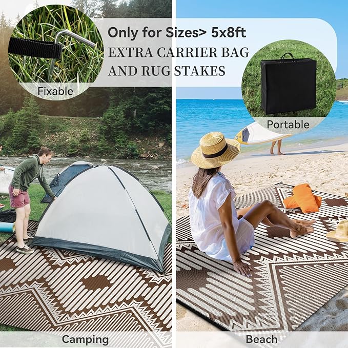 MontVoo Outdoor Rug-Waterproof Patio Rug Mat 5x8 Outdoor Carpet Mat Reversible Plastic Straw Outside Outdoor Rug for RV Camping Picnic Balcony Backyard Pool Deck Porch Modern Boho Beige Brown
