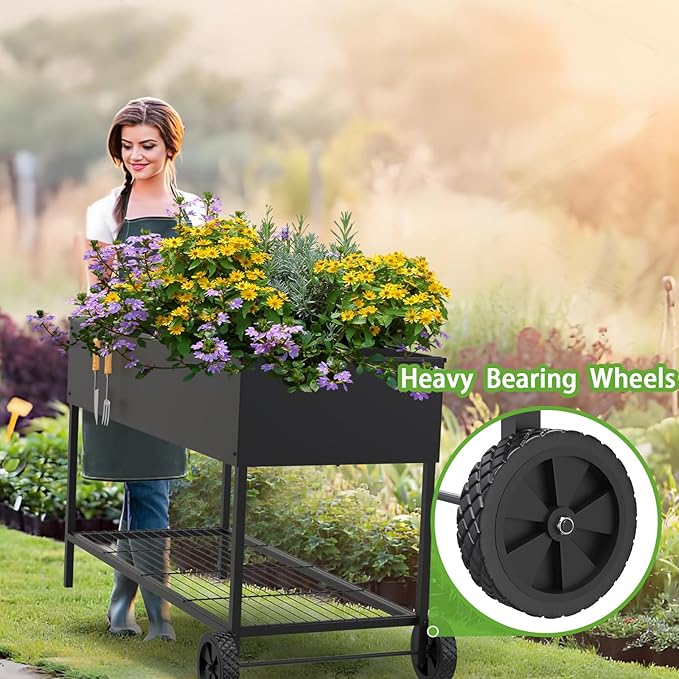 51 × 26 × 32 Inches Raised Garden Bed with Legs/Storage Shelf, Mobile Planter Box for Outdoor Plants, Elevated Garden Bed for Backyard, Balcony, Black