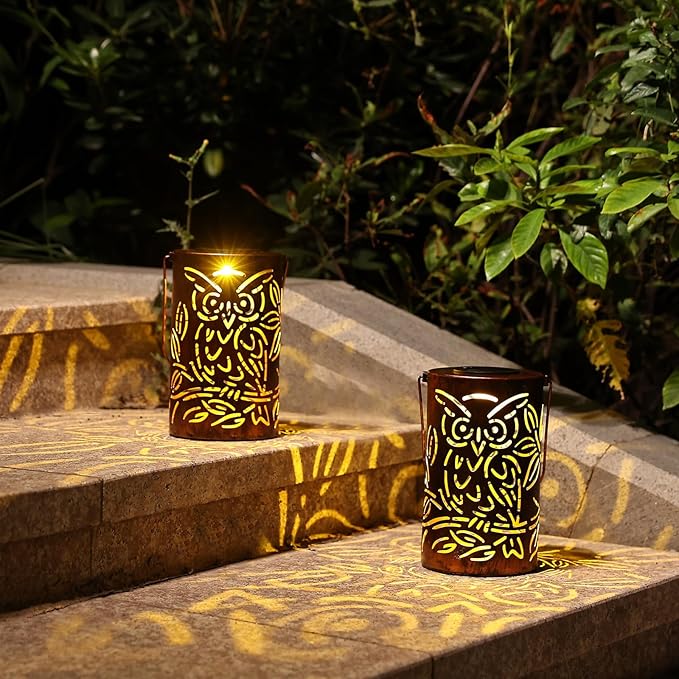 Outdoor Solar Lanterns ,Owls Projection Patterned Outdoor Lanterns with Handles LED Solar Light Outdoor Waterproof Garden Lights for Garden，Yard, Table, Pathway(2 /Bronze)