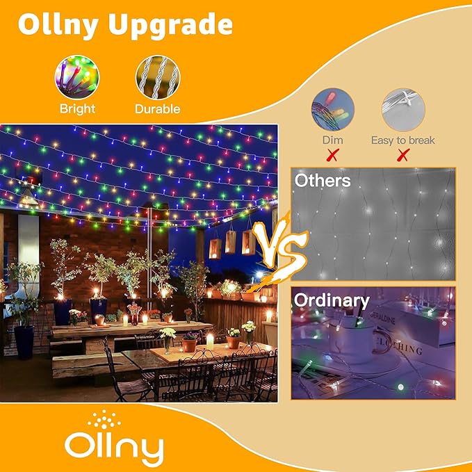 Ollny String Lights 120LED 40FT, Multicolor Fairy Lights Waterproof Connectable Timer, 8 Modes Plug in Christmas Light for Bedroom Outdoor Party Indoor Classroom Decorations