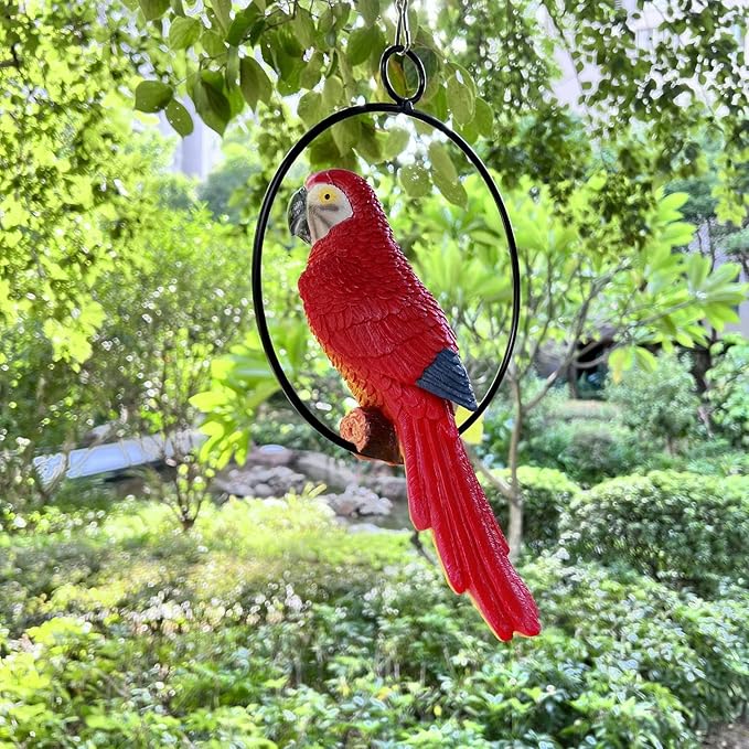 Lifelike Parrot Garden Statues Hanging Decor Ornaments Figurines Sculpture for Patio Lawn Yard, Blue Tail (Red Tail)