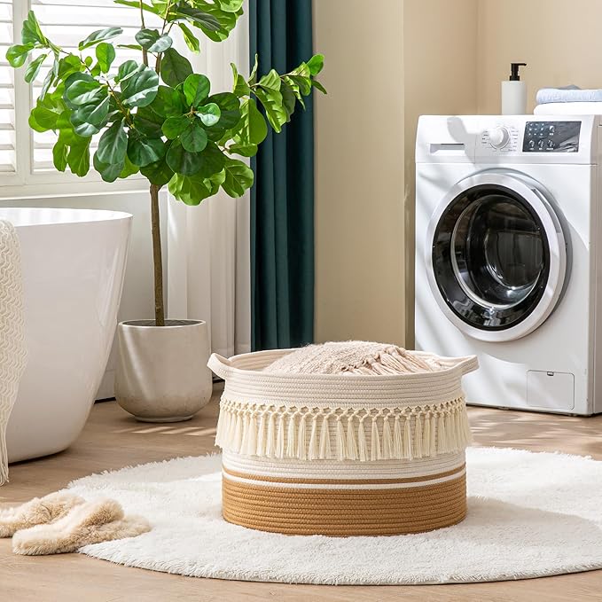 KAKAMAY Large Blanket Basket (20"x13"),Woven Baskets for storage Baby Laundry Hamper, Cotton Rope Blanket Basket for Living Room, Laundry, Nursery, Pillows, Baby Toy chest (White Fringe)