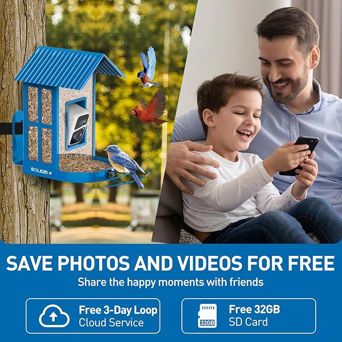 Bird Feeder with Camera with AI Identify Species, Wild Bird Watching, 2K Live View, Instant Arrival Alerts with 5W Solar Powered-Soliom BF08 Metal Blue