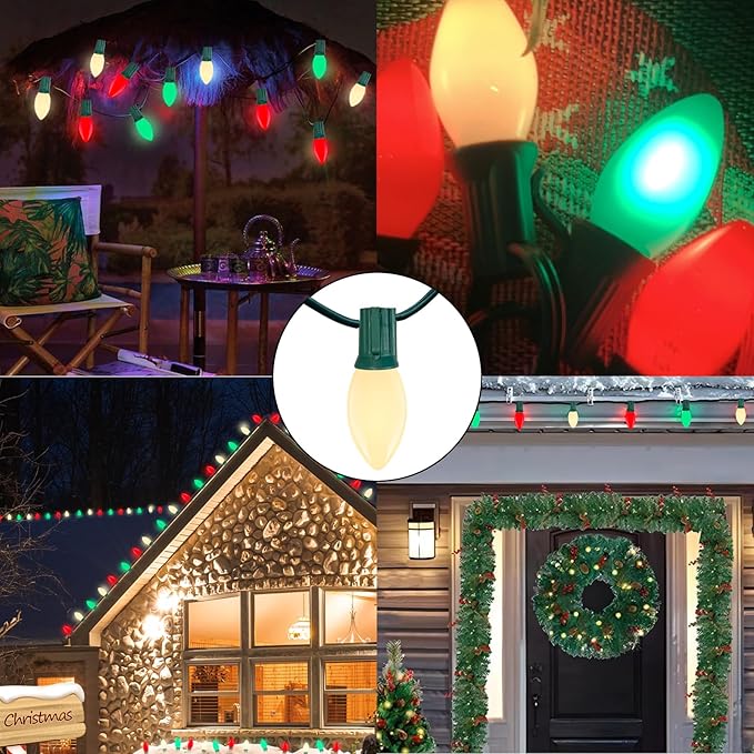 Red Green White LED Christmas Lights, 25FT Waterproof C9 Multicolor Outdoor With 26 Shatterproof Bulbs, Commercial Hanging for Roof Patio Balcony Party Xmas Decor