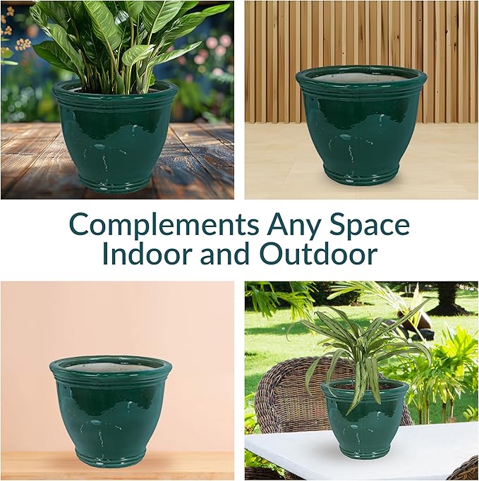 Sunnydaze Studio Large Ceramic Plant Pot - Round Outdoor Glazed Ceramic Planter Pot with Drainage - Dark Green - 15 in