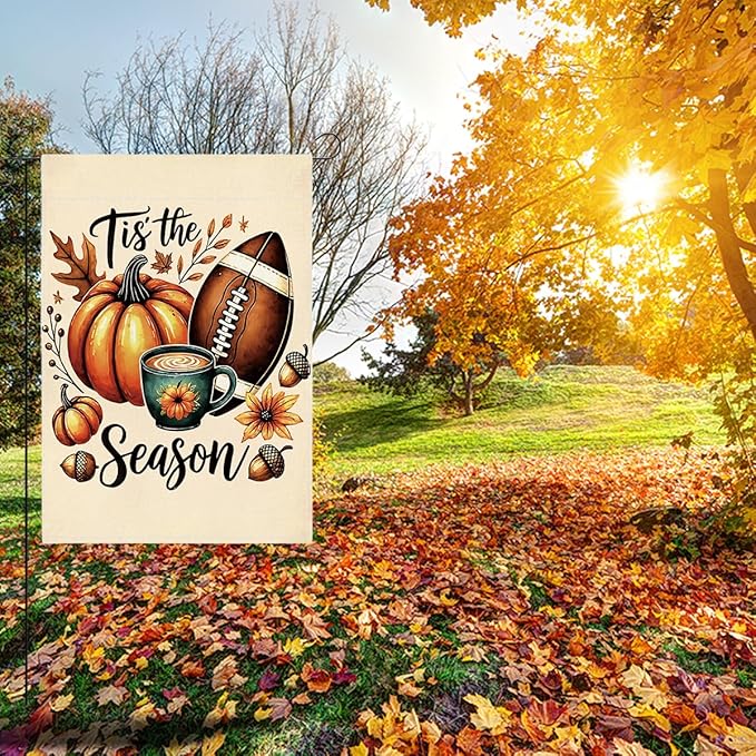 Tis the Season Fall Garden Flag Autumn Football Pumpkin Garden Flag 12x18 inch Double Sided Fall Thanksgiving Flags for Yard Home Porch Lawn (Flay 1804)
