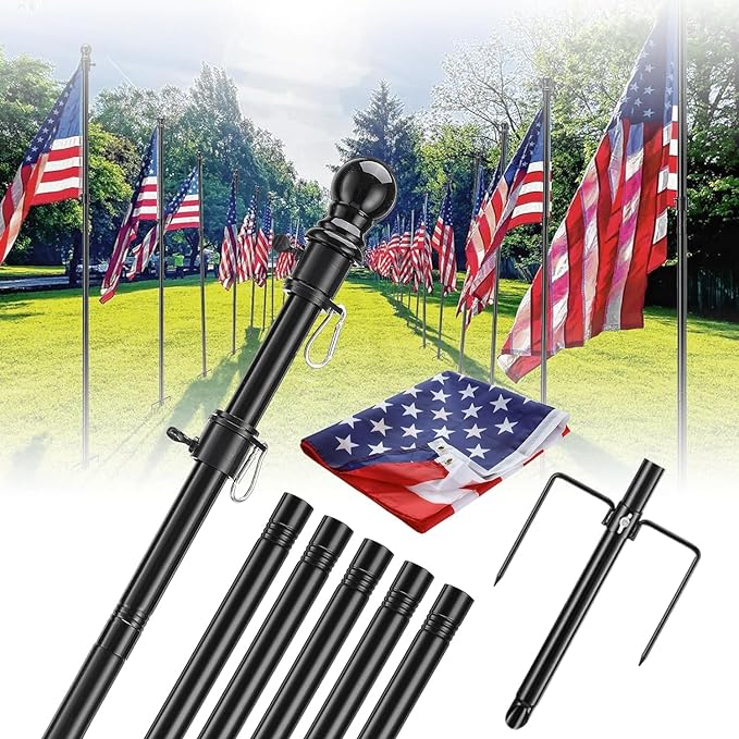 2 Pack Ground Flag Pole for Outside House - 8.5 FT Tangle Free Heavy Duty Flag Pole Kit with Windproof Stand,Outdoor Inground Flag Holder for Yard Garden, Includes Bonus 3x5 American Flag,Black