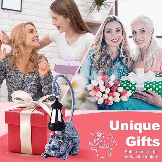 Baby Dragon Statue with Solar Lantern - Dragon Garden Decor and Housewarming Gifts for Mom, Women - Outdoor Dragon Gifts for Yard