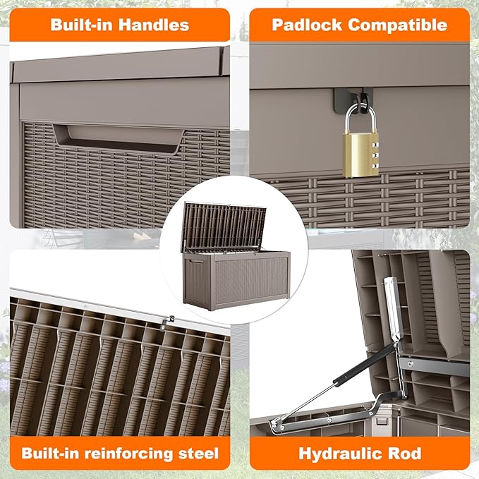 260 Gallon Resin Deck Box, Lockable Patio Outdoor Storage Box for Furniture, Garden Tools and Tools Storage, Waterproof Outside Storage Boxes - Grey