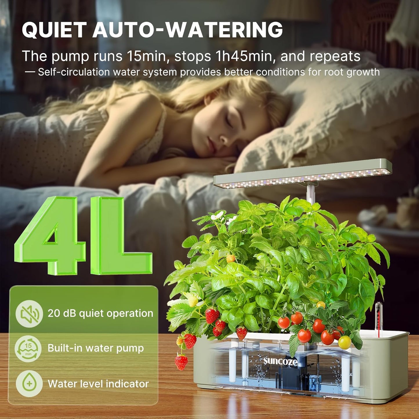 SUNCOZE Hydroponics Growing System Kit 12 Pods, 24W LED Grow Light Indoor Garden, 4L Water Tank with Quiet Pump, Adjustable Height Herb Garden Planter Indoor Kit, Gardening Gifts, Green