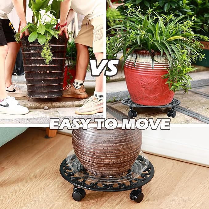 2 Packs 14 Inch Rolling Plant Stand with Wheels Metal Plant Caddy with Wheels Heavy Duty Round Plant Stand Indoor Iron Plants Rollers for Plants, Plant Dolly with Plant Saucers