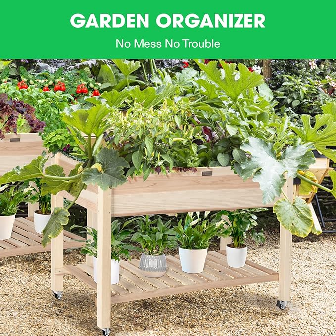 VIVOSUN Elevated Wooden Raised Garden Bed, 46 x 24 x 32 Inches, Mobile Outdoor Planter Box with Storage Shelf and Protective Liner for Outdoor Use, with Lockable Wheels