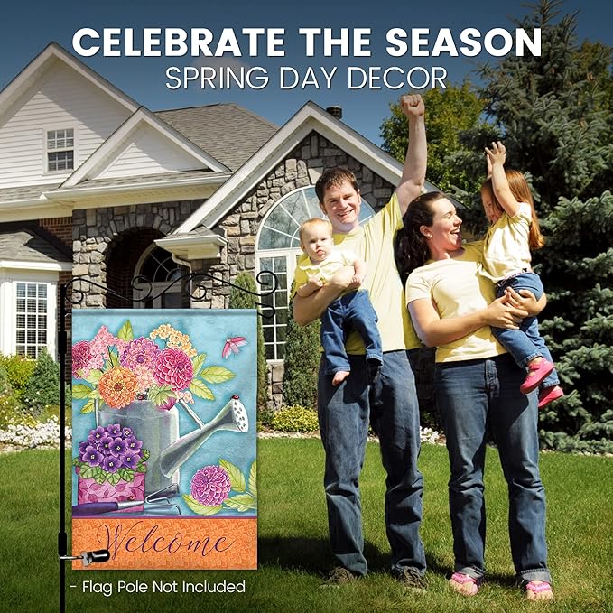 Spring Garden Flags 12.5x18 Double Sided - Floral Watering Can Flag Printed in Premium Polyester - Seasonal House Welcome Banner for Outdoor, Yard, Lawn, Deck, and Patio - Suits Most Holder