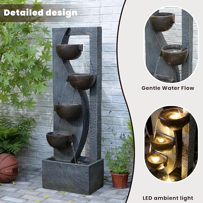 5-Tier Cascading Outdoor Fountain with LED Lights, 49.2" Tall Resin Waterfall Fountain for Garden, Patio, Backyard - Freestanding Water Feature