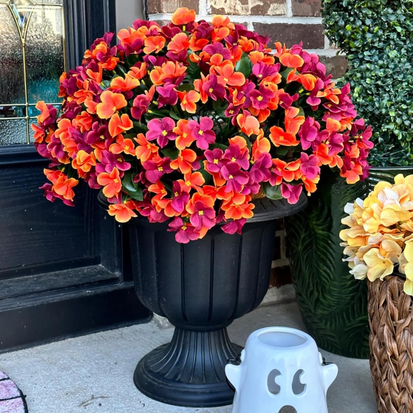 Fall Artificial Hanging Flowers with 12" Basket for Outdoor Decor, Fake Hydrangea UV Resistant Arrangements in Pot Planter Decor for Indoor Porch Garden Yard(Orange Brown)