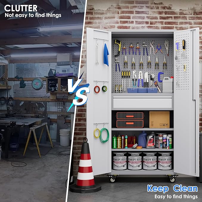 Garage Storage Cabinet with Locking Doors and 2 Adjustable Shelves, 71" H Metal Rolling Tool Storage Cabinet with Wheels, Drawer, Pegboard and 16 Hooks for Garage, Warehouse, White and Gray