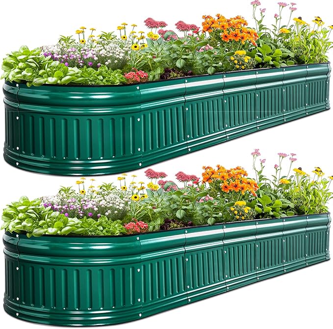 KING BIRD Raised Garden Bed Kit 2025 Upgraded Modular DIY Galvanized Planter Garden Box Outdoor for Gardening, Vegetables, Flowers, Elegant Roman Column Design, 94x24x24 in, Dark Green