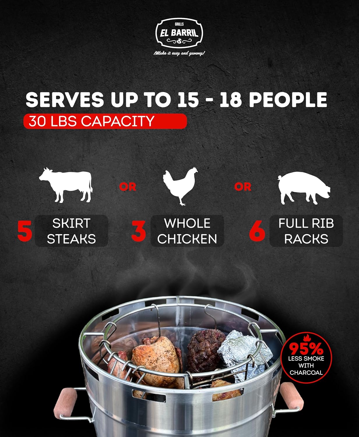 El Barril Lite Medium Barrel Smoker Grill, Stainless Steel 430, 30 lb Capacity, 12 Meat Hooks, Upper Grill and Handler, Portable Charcoal BBQ (Lite 30LBS Medium)