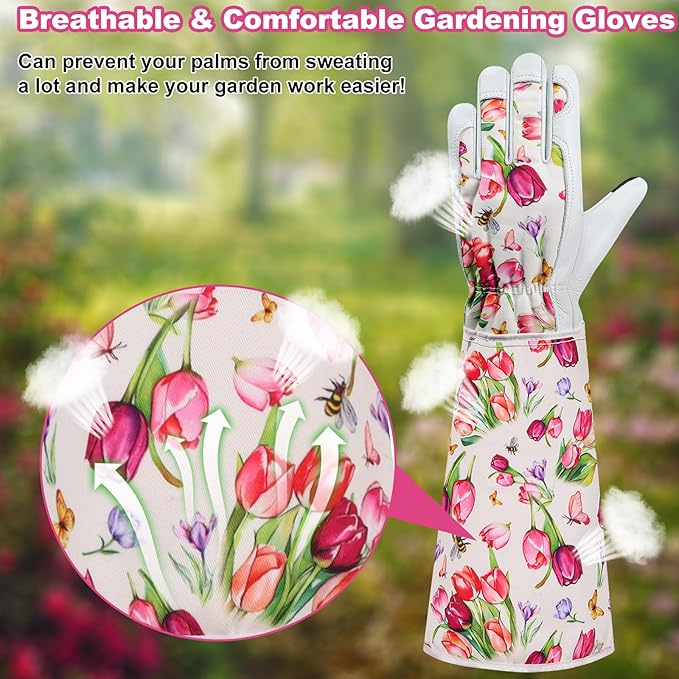 DLY Gardening Gloves for Women, Rose Gloves Gardening Thorn Proof, Long Garden Gloves for Women, Breathable Cowhide Leather Gauntlet(Small,White)