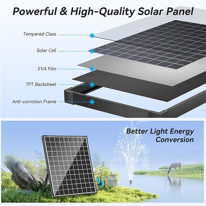 POPOSOAP 25W Solar Water Fountain Pump, Solar Water Pump with Flow Adjustable, Solar Pond Pump Pump with Dry-Run Protection & Diverter Valve for Ponds, Garden, Fish Tank, Waterfall, Hydroponics