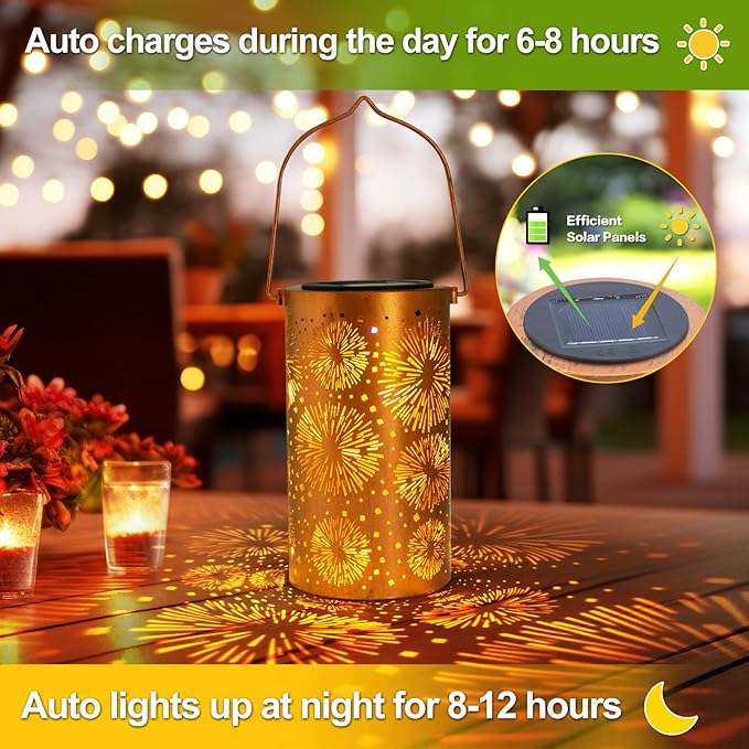 Mothers Day Gifts, Fireworks Solar Lanterns Outdoor Hanging, Hollowed-Out Metal Waterproof LED Garden Decor Light for Patio Yard Pathway Lawn Front Porch Tree, Birthday Gifts for Women Mom Grandma