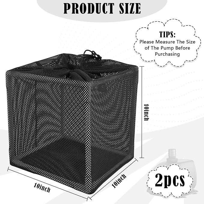 2 PCS Pond Pump Filter Bag, 10 Inch Pond Filter Box with Drawstring, Anti-Clogging Pump Barrier Bag Pump Mesh Bag for Outdoor Water Ponds Filters Pond Biological Filters