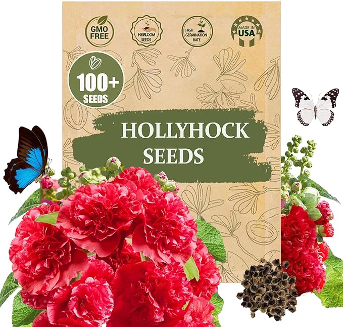 Premium Rare Hollyhock Seeds – 100+ Double Red Hollyhock Flower Seeds – Non-GMO, Heirloom Perennial – Showy Blooms for Outdoor Planting (Dwarf Double Red Hollyhock)