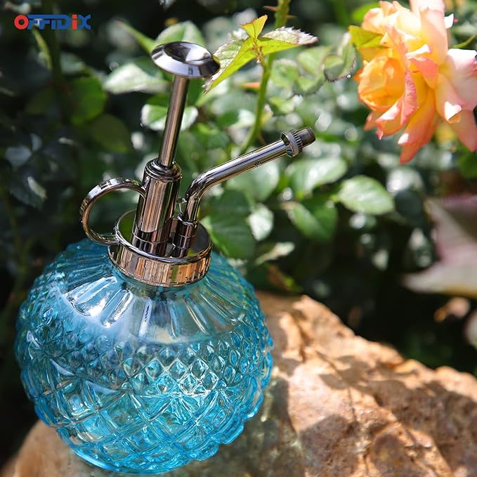 OFFIDIX Glass Plant Mister, 300ML Vintage Spray Bottle Plant Spritzer with Top Pump Fine Mist,Small Decorative Watering Can for Indoor Outdoor Succulent and Other Live Plants (Light Blue)