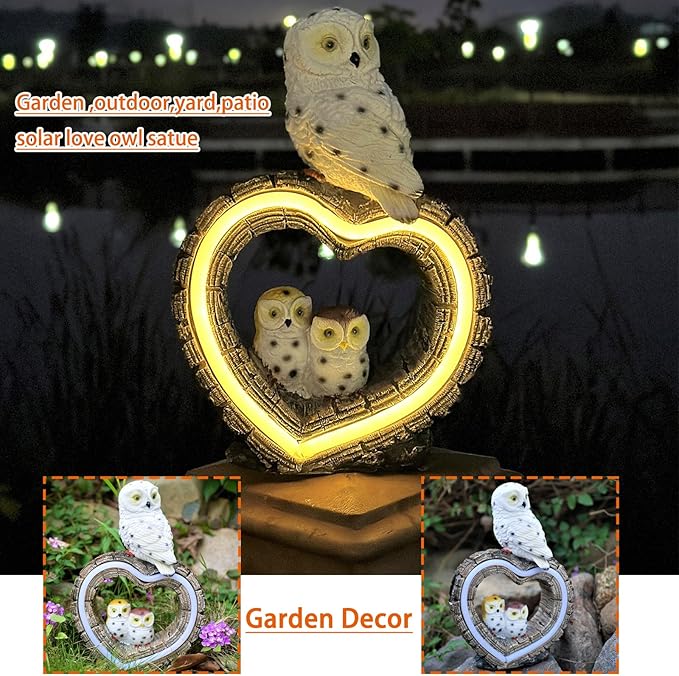 Solar Garden Lights, Solar Sculpture LED Lights, Outdoor Waterproof Handmade Resin Statue, Love Statue Decoration for Path, Yard, Lawn, Gift for Mom Christmas (White Love Owl)