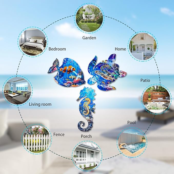 LIFFY Metal Fish Wall Decor Fish Metal Wall Art Ocean Themed Sea Turtle Fish Seahorse Coastal Wall Sculpture, Nautical Outdoor Decor For Garden, Fence, Patio, Pool,Beach,Bathroom (3 Pcs)