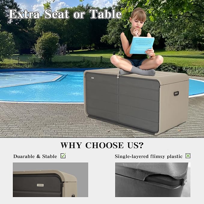 Domi 200 Gallon Resin Deck Box, Waterproof & UV-Resistant Outdoor Large Storage Box Lockable Storage Bin for Patio Cushions Pool Supplies Garden Tools and Delivery Storage