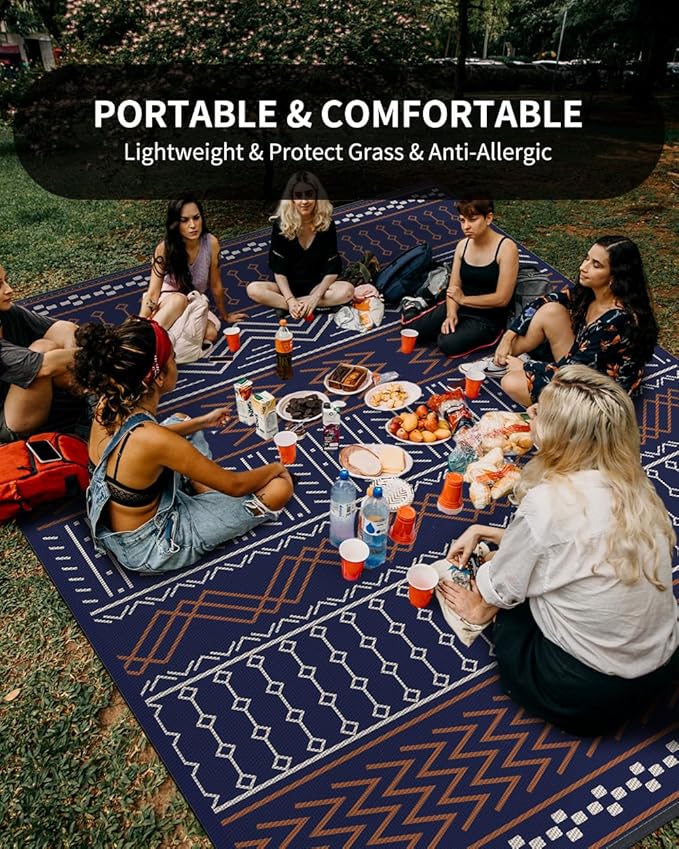 Outdoor Rug Carpet Waterproof 5x8 ft Patio Rug Mat Indoor Outdoor Area Rug for RV Camping Picnic Reversible Lightweight Plastic Straw Outside Rug for Patio Decor Decoration Boho Rug Navy Red