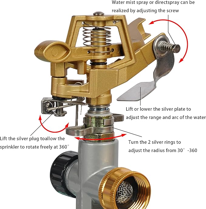 2 Pack Zinc Alloy Impact Sprinklers for Yard, Stainless Steel Pulsating Water Sprinkler Head on Spike Base, Adjustable Water Sprinklers for Large Area Patio Lawn Garden Irrigation