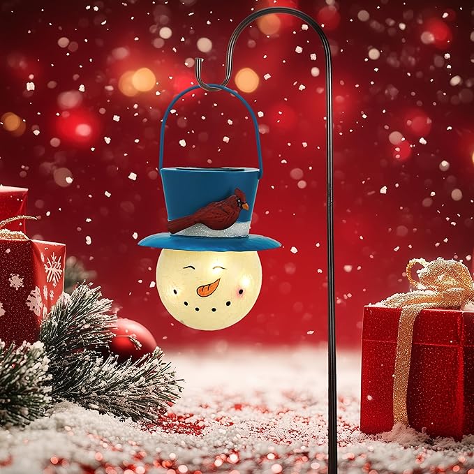 TERESA'S COLLECTIONS Outdoor Christmas Decorations for House, 36'' Snowman Glass Solar Lantern Stake with Blue Cardinal Hat, Xmas Grinch Solar Christmas Lights for Garden Party Decor