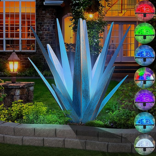 Large Tequila Rustic Sculpture, Rustic Metal Agave Plants for Outdoor Patio Yard, Home Decor Hand Painted Metal Agave Garden Yard Statue, Outdoor Lawn Ornaments (Sky Blue - L(W/Solar Light))