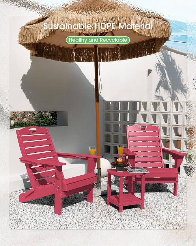 Folding Adirondack Chair HDPE All-Weather Adirondack Chairs with Cup Holder, Outdoor Fire Pit Chairs Lawn Chair for Deck Patio Garden (Red)