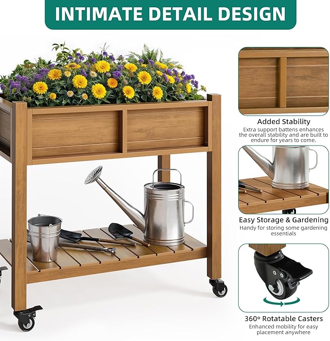 YITAHOME Raised Garden Bed, HIPS Poly Wood Elevated Planter Box with Shelf & Wheels for Mobility, Small Flower Box Stand for Patio Balcony Garden Backyard, Teak