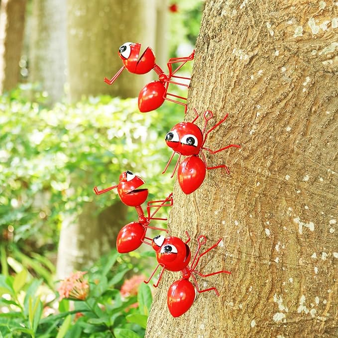 Metal Yard Art Garden Decor Cute Ant Outdoor Wall Sculptures Patio Lawn Ornament Fence Decoraions - Set of 4 Red