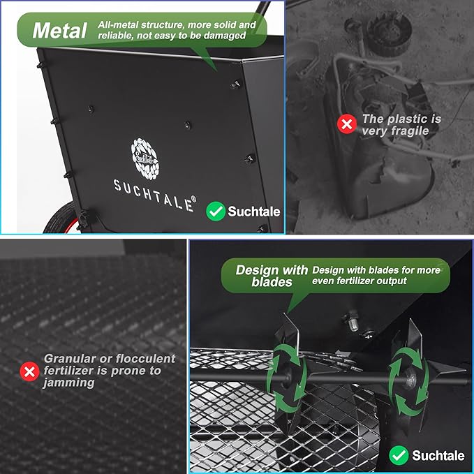 Suchtale Upgrade Push Lawn Spreader for Compost & Peat Moss, Organic Fertilizer Applicator with Rotating Blades, Adjustable Rate Metal Mesh Basket Topdresser