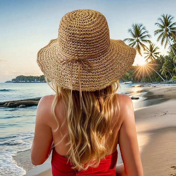 Womens Straw Beach Sun Hats, Foldable Packable Floppy Handmade Crochet Hats for Women,Large Summer Vacation Wide Brim Hat
