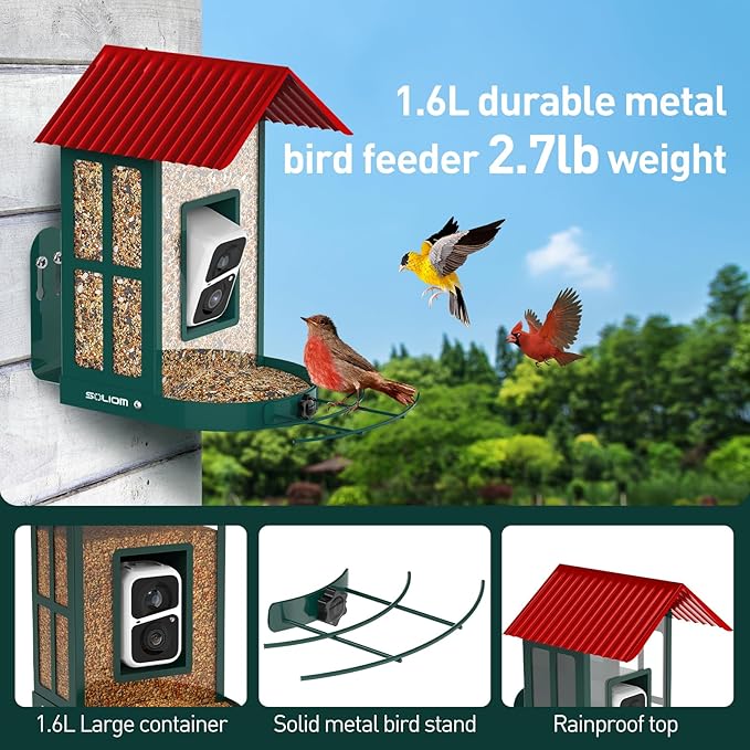 SOLIOM Solar Bird Feeder with Camera for Outdoors - AI Smart Birdhouse, 2K Live View & Instant Alerts, Squirrel Proof - Perfect Bird Watching Gift (Red)