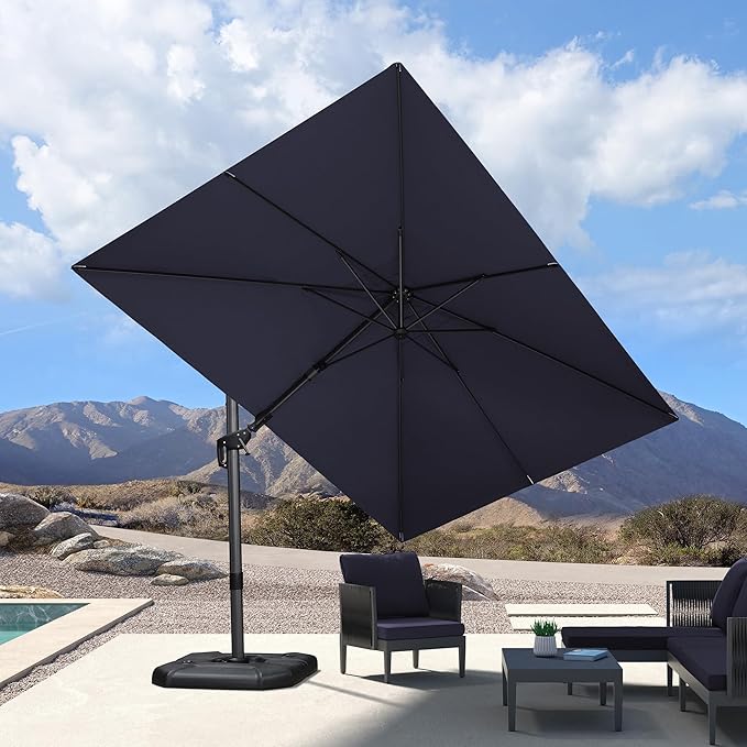 PURPLE LEAF 8.2' X 11.5' Tilting Patio Umbrella with Base Outdoor Cantilever Swivel Rectangle Umbrella Aluminum Offset Umbrella with 360-degree Rotation for Garden Deck Pool Patio Navy