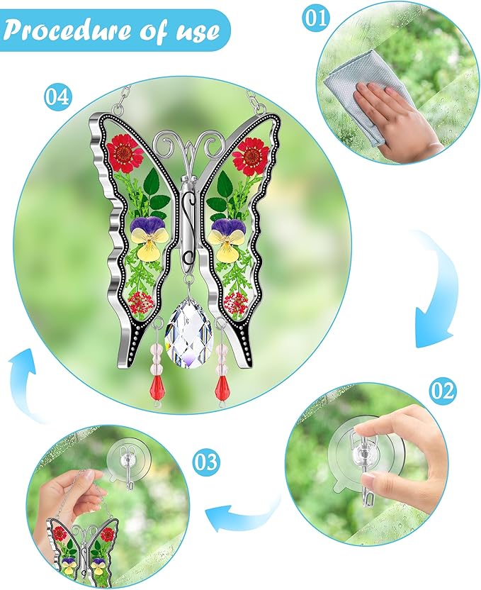 KY&BOSAM Butterfly Suncatchers for Windows - Stained Glass Crystal Wind Chimes with Metal Charms, Colorful Rainbow Prisms Garden Decor for Mom/Grandma, Christmas Wedding Gifts (8" Hanging Ornaments)