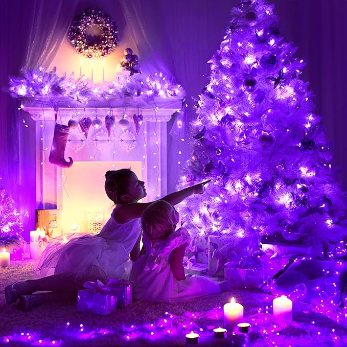JMEXSUSS 4 Pack Purple Solar String Lights Outdoor Waterproof, 100 LED 33ft Purple Solar Fairy Lights, 8 Modes Copper Wire Christmas Light for Halloween Christmas Garden Yard Tree Decor