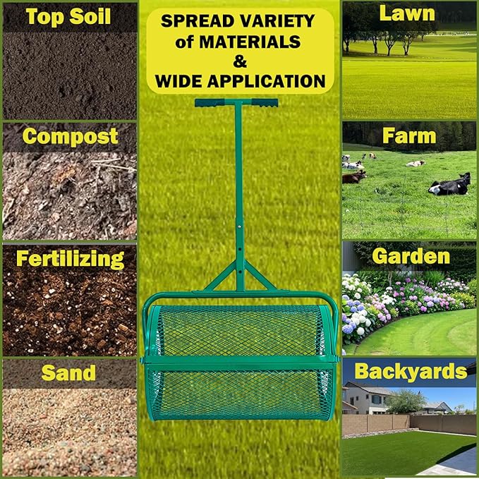 Compost Spreader, 24" Peat Moss Spreader, Roller Lawn Spreader with 3 Heights T Shaped Handle, Side Latches Powder Coated Steel Mesh Basket, Lawn & Garden Spreader for Spreading Manure Topsoil, Green