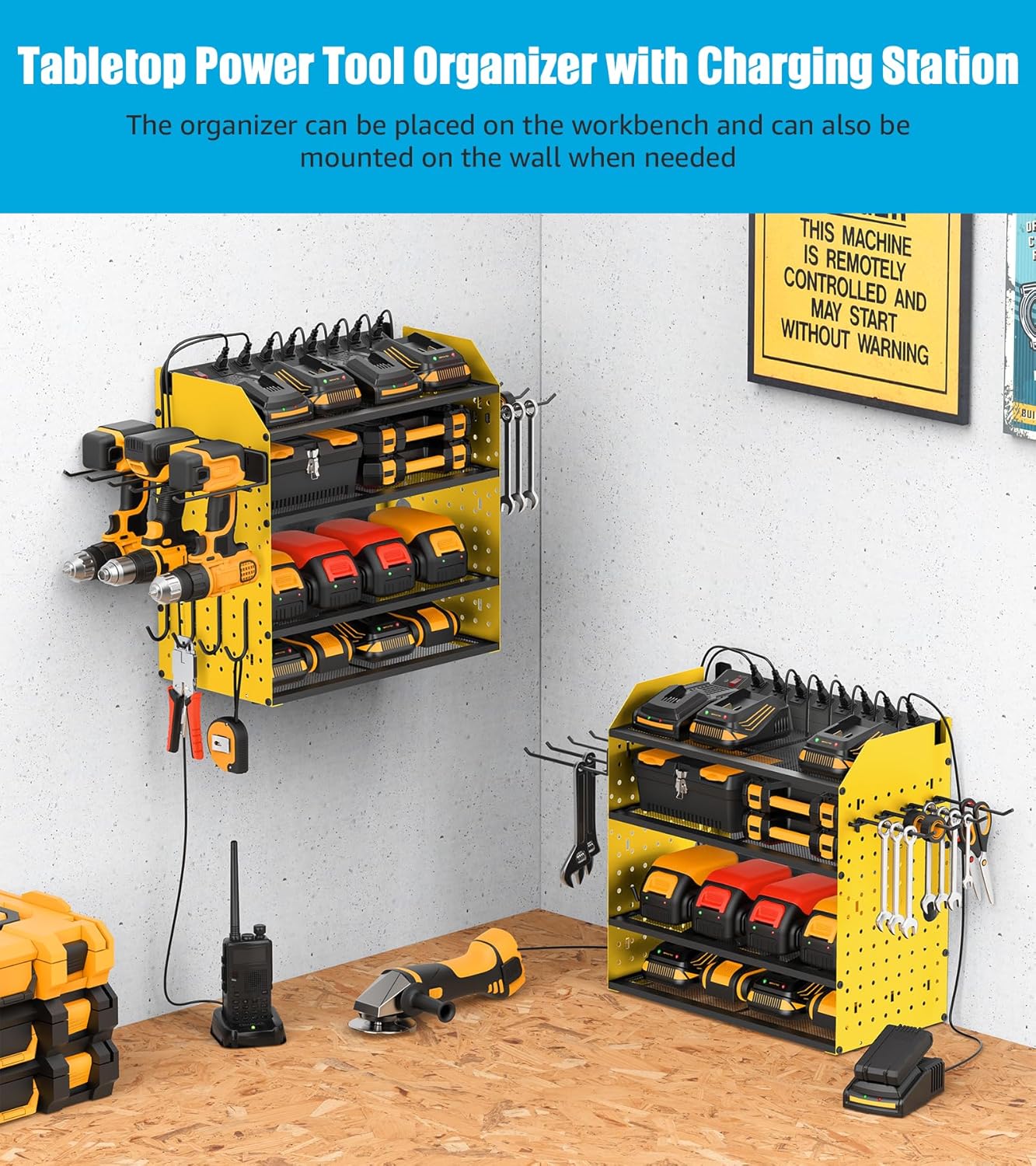 CCCEI Modular Desk Power Tools Organizer with Charging Station, 4 Layer Drills Battery Storage Wall Mount, Garage Shop Organization, Anniversary, Birthday, Gifts for Men, Father, Yellow, 10FT Cord.