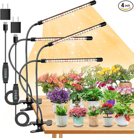 4 Heads Grow Lights for Indoor Plants, Full Spectrum LED Plant Lamps with Clips and 120 inch Cables for Seeding Growing(with Adapter)