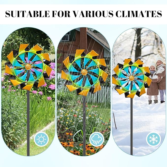 Outdoor 59 Inch Kinetic Wind Spinner, Double Blade Wind Sculpture with 5 Prong Base, Geometric Metal Windmill for Garden, Lawn & Patio Decoration (Colorful)