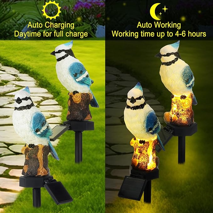 2 Pack Blue Jay Solar Lights Blue Jay Outdoor Decor Bluebird Solar Light Bird Figurine Garden Stake for Pathway Garden Lawn Yard Cemetery Decoration